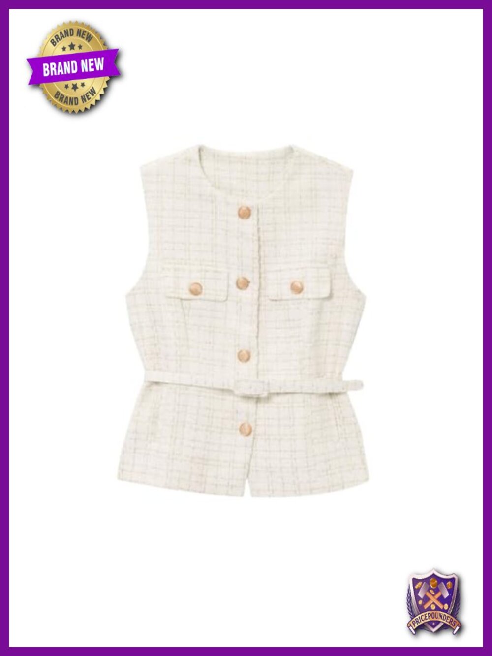 Women's Belted Tweed Suit Vest Sleeveless Lined with Pocket